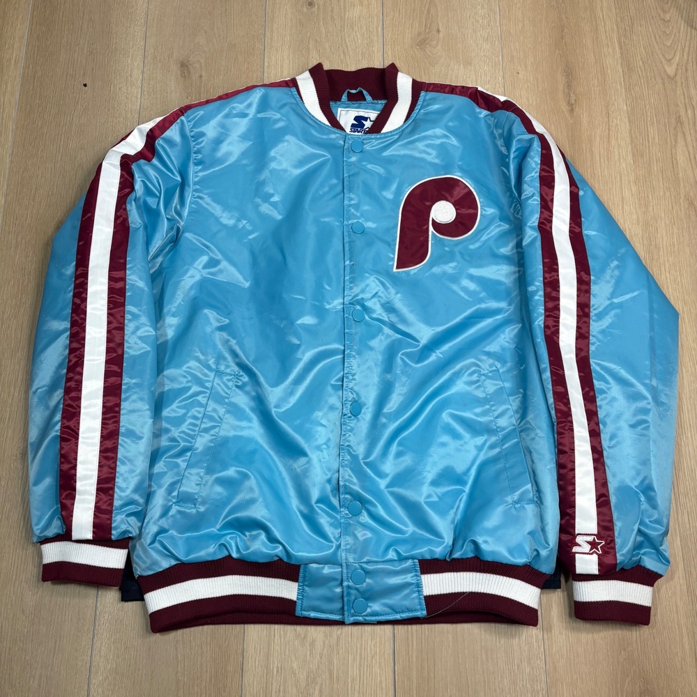 Starter Philadelphia Phillies Satin Varsity Jacket Powder Blue Maroon Bomber XL